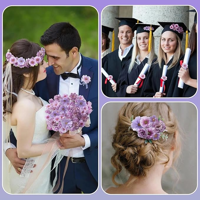 210Pcs Mini Fake Flower Heads Purple Small Silk Faux Flower Heads Artificial Rose Daisy Multicolor Flowers Bulk for Cake Crafts DIY Graduation Cap Wedding Hair Dresses Wreath Party Home Decor