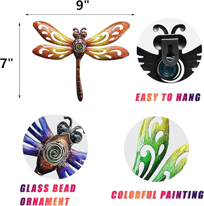 Dragonfly Wall Art Decor, Metal Indoor Outdoor Fence Outside Christmas Decorations for Living Room Bedroom, 9 Inch 3 Pack, Hand-made Vibrant Ornament Sculpture for Patio Balcony