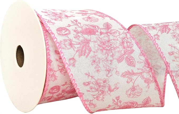 Pink Floral Wired Ribbon 2.5 Inch Chinoiserie Vintage Flower Decorative Fabric White and Pink Ribbon for Bow Wreath DIY Crafts, 15 Yards