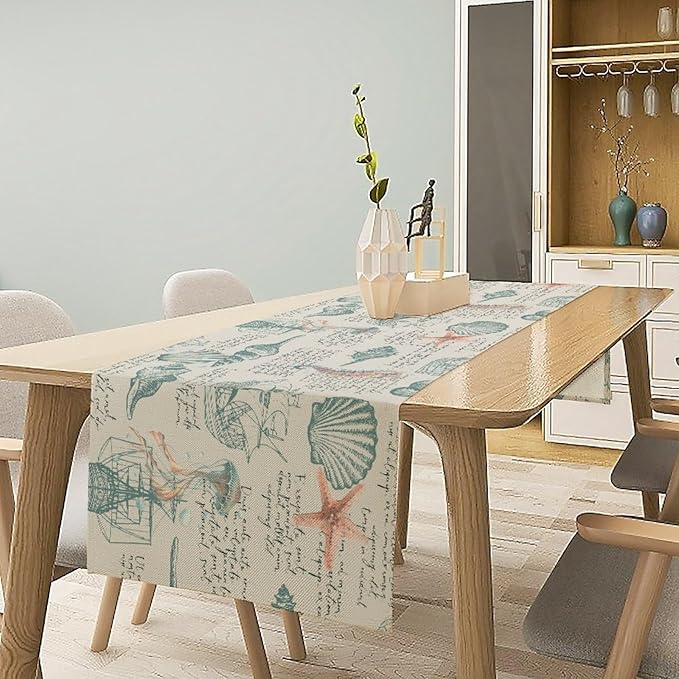 Starfish Table Runner,Seashells Beach Coastal Nautical Sailboat Jellyfish Vintage Hand Drawn Burlap for Hotel Indoors Outdoor Dining Room Kitchen Table Decor, 13x80in