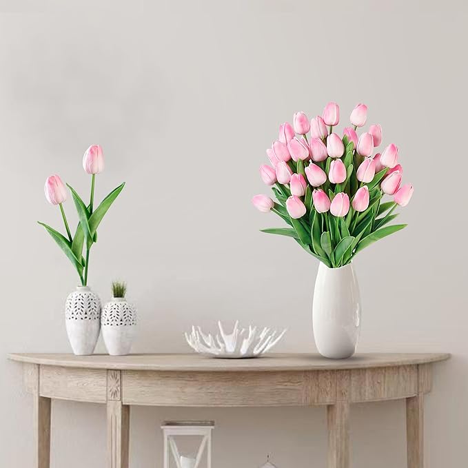 Sggvecsy 15 Pcs Fake Tulips Artificial Flowers Real Touch PU Faux Flowers Tulip Stems for Wedding Spring Bouquet Floral Arrangement Home Party Office Decorations for Mother's Day (Light Pink)
