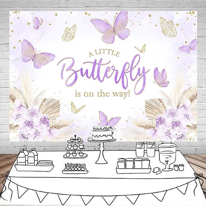 Mocsicka 7x5ft Butterfly Baby Shower Backdrop Purple A Little Butterfly is on Her Way Banner Boho Floral Lavender Purple Butterfly Baby Shower Decorations Photo Booth Props