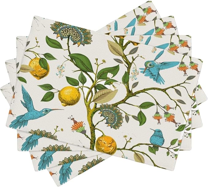 Lemon Linen Placemats Set of 4 Retro Plant Bird Print Placemats for Indoor Outdoor Party Home Desktop Kitchen Dining Room Decor 12x18 Inch