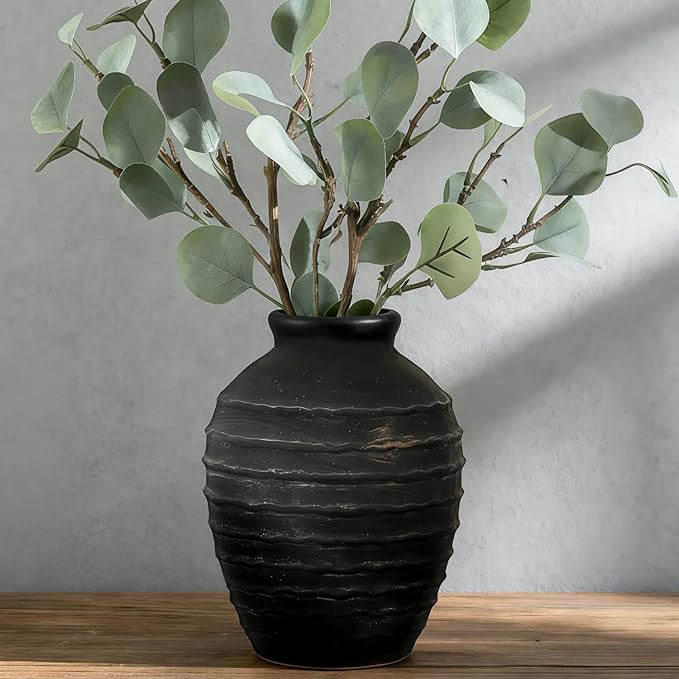 Ceramic Vase, 6.7 inch Ribbed Textured Minimalist Rustic Farmhouse Terracotta Vase for Home Decor, Table, Living Room, Entryway, Shelf, Mantel Decoration (Black)