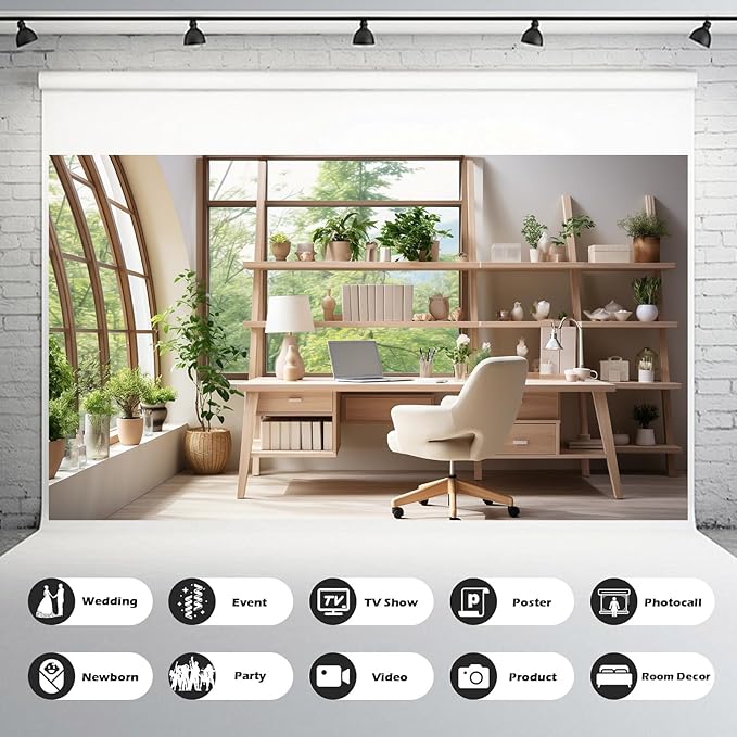 Office Backdrop for Video Conference Modern Business Home Office Work Place Background Indoor Green Plants Leaves Tranquil Work Environment for Live Video Zoom Calls Photo Portrait Prop 15x10ft