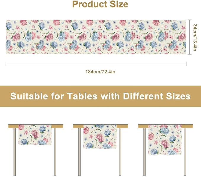 Hydrangea Table Runner, Spring Summer Watercolor Blue Floral Seasonal Country Farmhouse Coffee Table Center Decor for Home Kitchen Dining Patio Holiday Party Table Decorations 13x108 inches