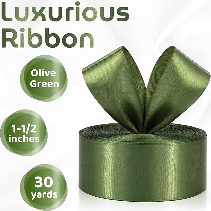 30 Yards Olive Green Solid Satin Ribbon 1-1/2 Inch Polyester Fabric Ribbon for Gift Wrapping Wedding Christmas Birthday Party Decoration Baby Shower Handmade Flower Craft