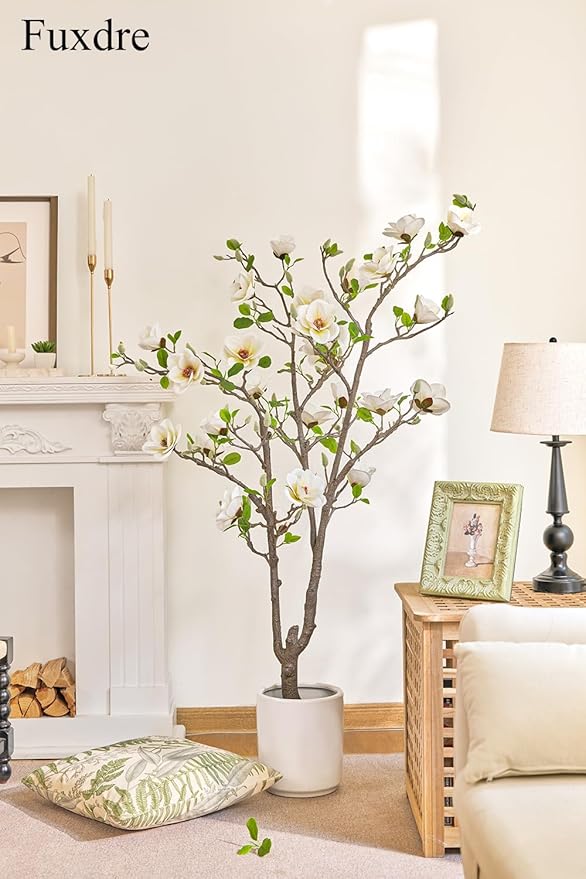Artificial Magnolia Tree, 4.9 ft Tall Fake Indoor Tree, Faux Magnolia Tree is Realistic Real Touch Leaves and Flowers Perfect for Home Decor, Living Room, Floor and Wedding(White)
