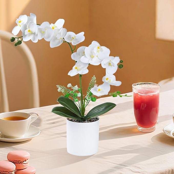 2 Pcs White Fake Orchids Orchid Orchidwith Pot Bendable Shape Washable Orchid Phalaenopsis for Decorate Office Desktop Decoration Bathroom Wedding Dining Table Office Decorations