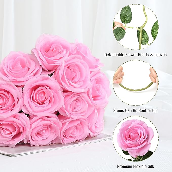 Waipfaru 16 Pcs Valentines Day Flowers, Fake Roses Artificial Flowers with Long Stems, Silk Pink Roses Bouquet for Wedding Vase Mothers Day Flower Arrangement Home Decor (Pink)