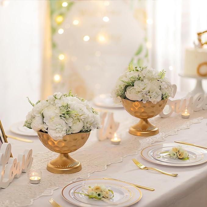 Sziqiqi Gold Metal Vases for Wedding Centrepiece: 6.1in 2Pcs Hammered Urn Vase Bowl Compote Vase for Flower Decorations