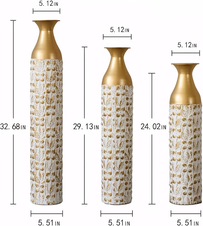 Gilded White 3D Relief Flower Metal Vase Set of 3, Elegant Tall Cylinder Vases for Home Decoration, Modern Gold & White Decorative Floor Vases for Living Room or Entryway