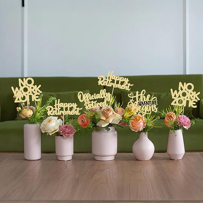 Ephlyn 16Pcs Happy Retirement Centerpiece Sticks Officially Retired Table Flower Centerpieces Sticks No Work Zone Floral Decorations for Farewell Birthday Party Centerpieces Supplies Gold