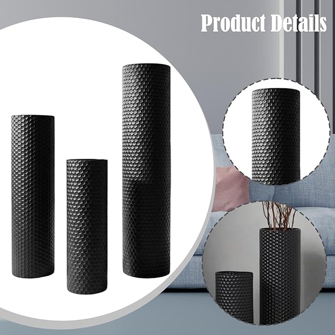 3Pcs Floor Vases Set Flower Container Creative Floral Arrangement Metal Floor Standing Decorative Cylinder Vase for Fireplace