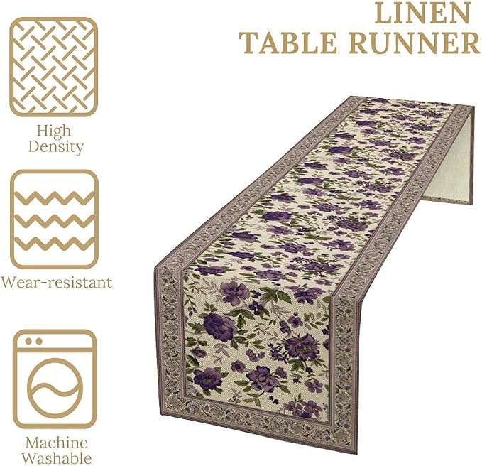 Vintage Floral Table Runner, Elegant Purple Flowers Retro Design Table Runner for Kitchen Dining Holiday Party Decoration, 13x108 Inch
