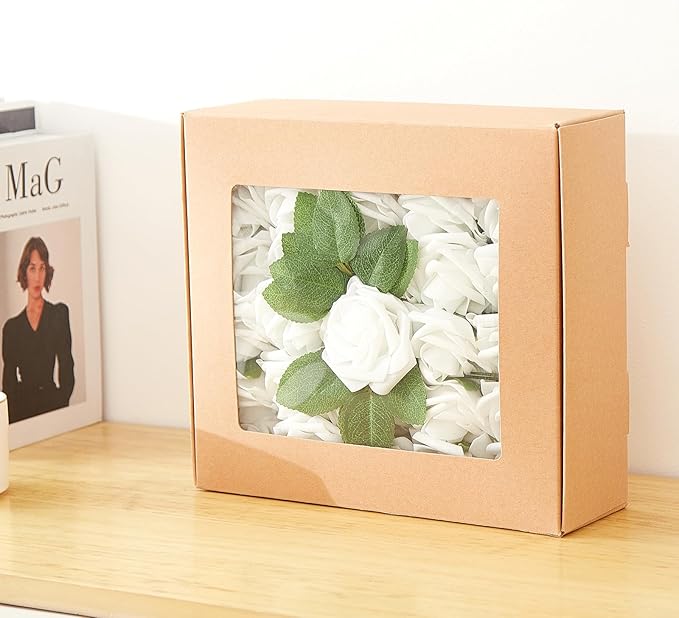 60Pcs Artificial Rose Flowers, Real Looking Fake Roses for Decorations, Foam Rose Bulk with Stems for DIY Wedding Bouquets Floral Arrangements Bridal Shower Party Home Decor (60, White)