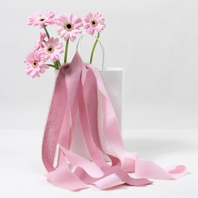 Dusty Rose Pink Ribbon 1-1/2 x 15 Yards Handmade Cotton Frayed Fringe Fabric Ribbons for Crafts Flower Bouquets Wedding Baby Shower Home DIY Decor