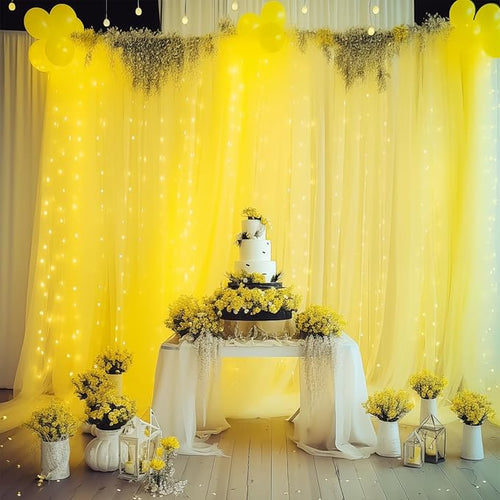10ft x 10ft Yellow Backdrop Curtain with Lights String for Parties, Sheer Tulle Wedding Photo Backdrops Drapes for Baby Shower Birthday Party Decorations Background for Photography