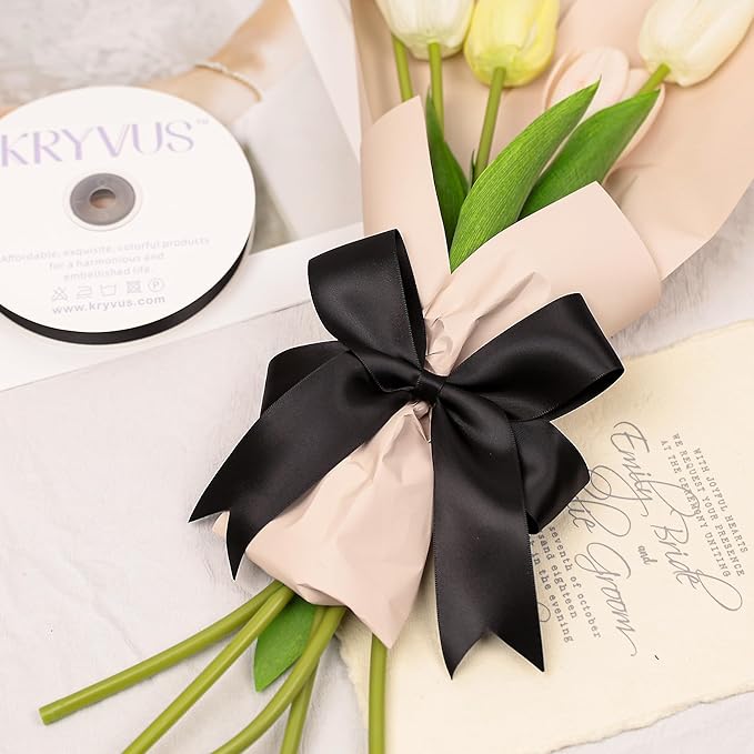 Black Satin Ribbon, Double Faced 1-1/2 Inch X 25 Yards Black Ribbon, Premium Satin Ribbon for Gift Wrapping, Crafts, Hair Bow Making, Sewing, Flower Bouquet, Wedding Party Decor