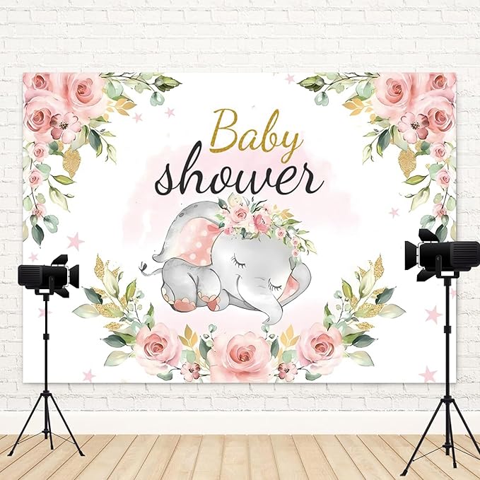 9x6ft Elephant Baby Shower Backdrop for Girl Pink Flowers Photography Background Newborn Girls Birthday Banner Decorations Sweet Princess Baby Party Portrait Photo Booth Prop