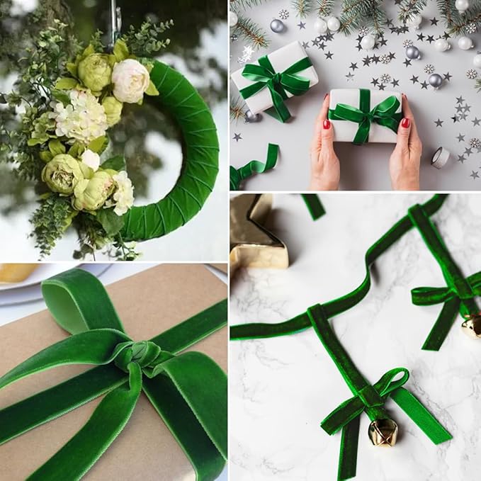 Green Velvet Ribbon - 1 inch x 10 Yards for Gift Wrapping, Crafts, Christmas Decor, Bow Making, Vintage Fabric Green Velvet on The Spool for DIY