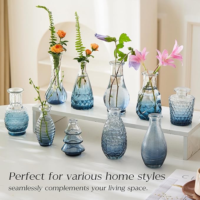 Glass Bud Vase Set of 20 - Small Vases for Flowers in Bulk - Assorted Vintage Crystal Vases for Flowers, Table Centerpieces (Blue, 20 Pcs)
