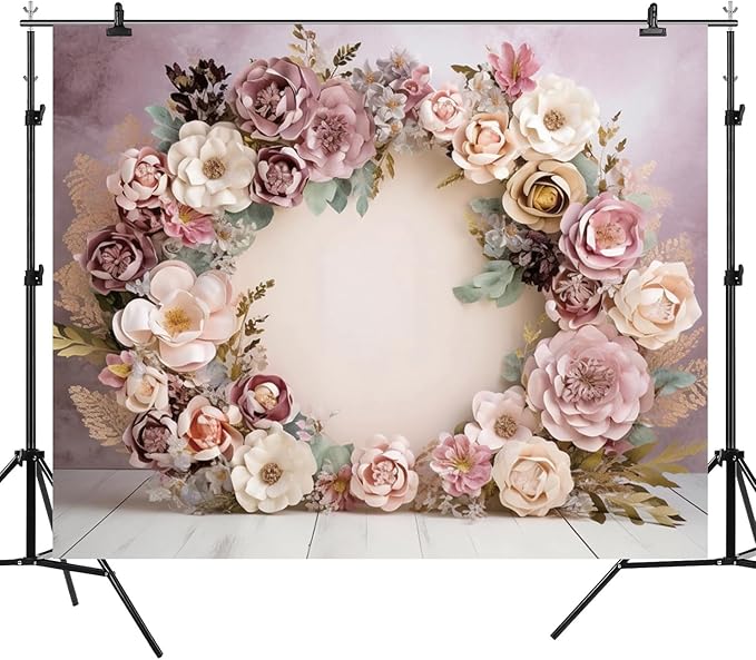 8x6ft Wedding Backdrop Purple Pink Floral Theme Photography Background White Flower Garland Green Leaves Bridal Shower Banner Decorations Girls Birthday Party Baby Portrait Photo Booth Prop