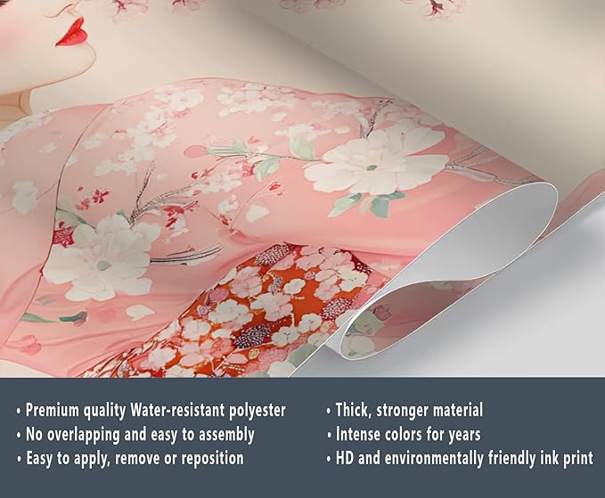 Japanese Cherry Blossom Wall Mural, Kimono Woman Geisha 3D Wall Murals, Oriental Beauty Wallpaper Mural, for Living Room Bedroom Large Wallpaper Indoor Decor 78.7" W x55.1 H