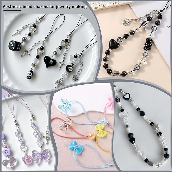 Assorted 200-260PCS Black Acrylic Beads for Bracelet Making, Flower Bow Candy GummyBear Bracelet Charms,Cute Beads for Jewelry Making DIY Necklace Keychain Phone Charm Christmas Gift