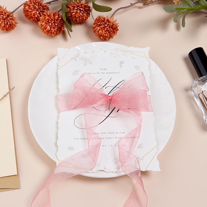 Rose Gold Ribbon for Gift Wrapping 1 inch Sheer Organza Ribbon for Flower Bouquet Tulle Thin Chiffon Ribbons for Wedding Invitations Presents Decorations Crafts 50 Yards