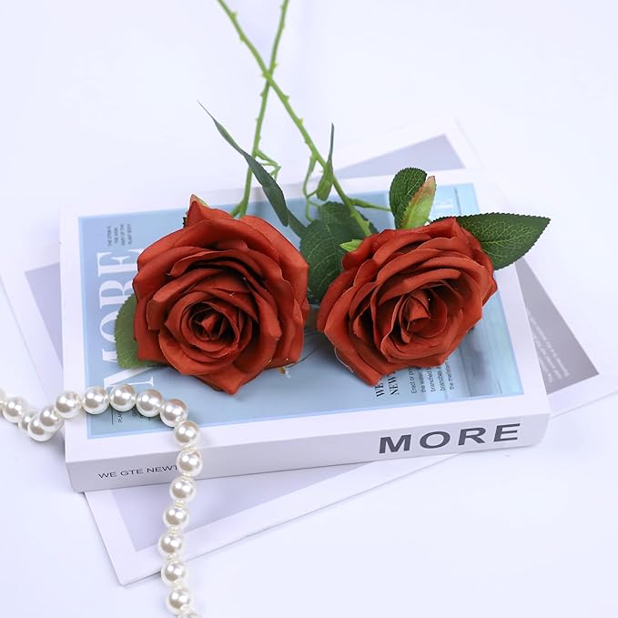Artificial Rose Flowers Burnt Orange Rose Flowers Silk Flowers 30 pcs with Long Stem Silk Roses Bouquet for Wedding Bridal Shower Party Home Decoration