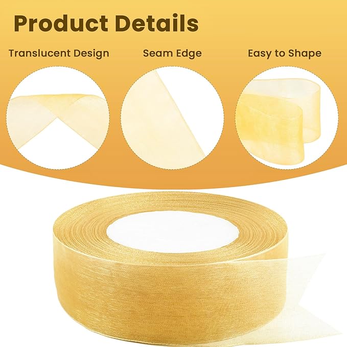 1-1/2 Inch Champagne Gold Sheer Organza Ribbon for Bow Making, Gift Wrapping, Christmas Decoration, 50 Yards/Roll