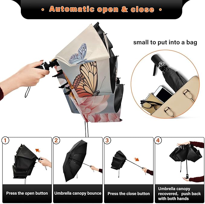 Automatic Folding Umbrella Windproof Strong, UV Protection Compact Floral Hydrangea Hummingbird Sun Rain Sun Rain Travel Umbrellas for Women Men