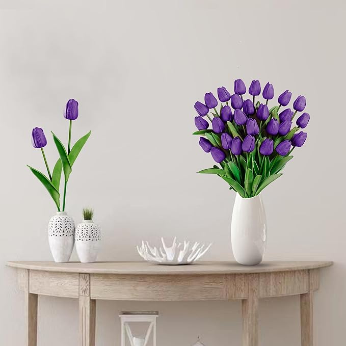 Sggvecsy 30 Pcs Fake Tulips Artificial Flowers Real Touch PU Faux Flowers Tulip Stems for Wedding Spring Bouquet Floral Arrangement Home Party Office Decorations for Mother's Day (Purple)