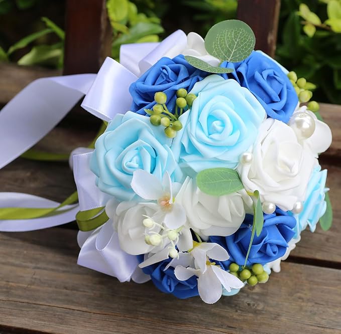 Lightweight Bridal Wedding Bouquet Round Holding Bouquet Throw Toss Artificial Rose Flower Bunch for Bride Bridesmaid Wedding Quinceanera (White, Royal Blue & Light Blue, 7.9")