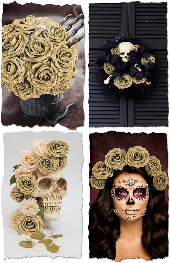 N&T NIETING Artificial Flowers Glowing Gold Flowers Foam 25pcs Glitter Roses Real Looking Fake Roses with Stem for DIY Wedding Bouquets Centerpieces Bridal Shower Party Home Decorations