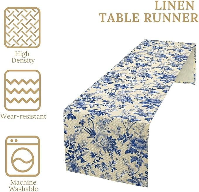 Vintage Blue Floral Table Runner, Retro Country Flowers Botanical Design Table Runner for Kitchen Dining Home Party Outdoor Indoor Decor, 13x36 Inch
