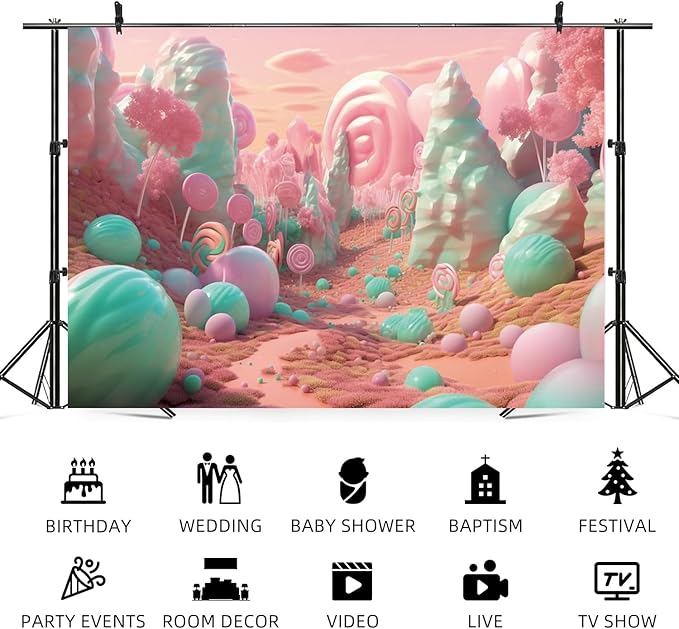 7x5ft Candyland Backdrop Pink and Teal Lollipop Photography Background Fairytale Kingdom Candy Sweet Girl Princess Birthday Banner Decorations Newborn Baby Shower Portrait Photo Booth Prop