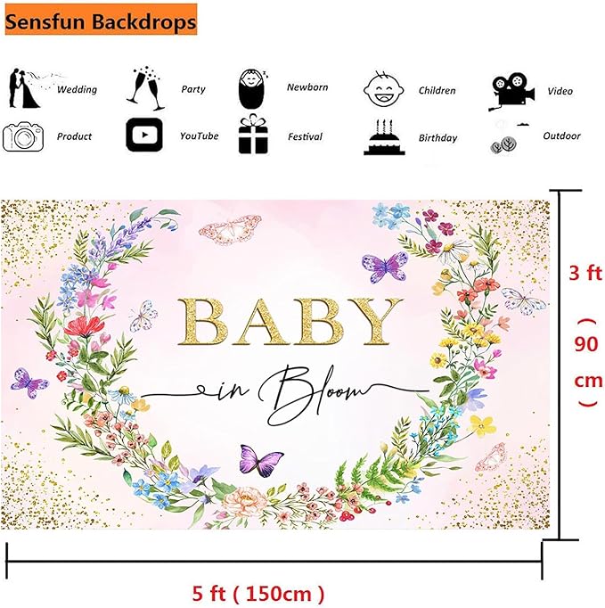 Sensfun Baby in Bloom Backdrop Banner Girls Wildflower Baby Shower Decorations,Pink Floral Butterfly Gold Glitter Photography Background for Wildflowe Baby Shower Newborn Party Photo Booth Props 5x3ft