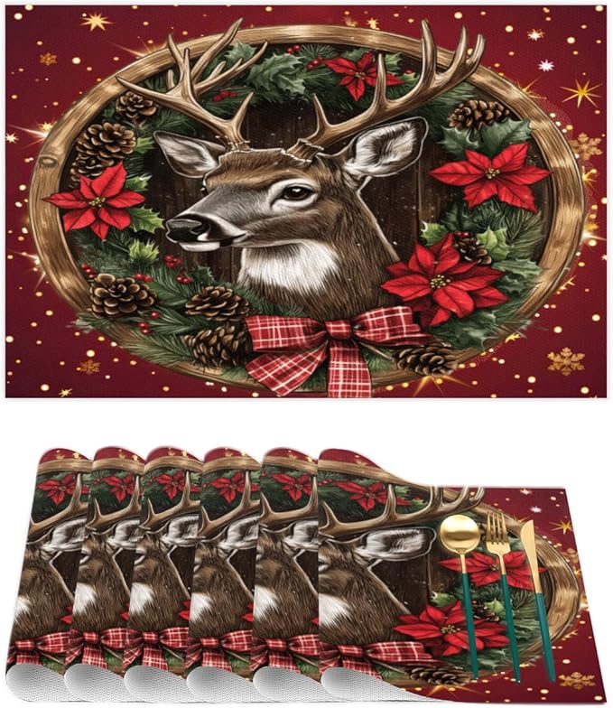 Xmas Christmas Reindeer Poinsettia Red Placemats Set of 6 PVC Vinyl Non Slip Table Mats Heat Resistant Place Mats Washable Wipeable Dining Table Mat for Kitchen Party Indoor Outdoor Decorative Gift