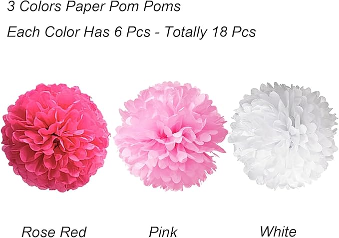 Tissue Paper Pom Poms, Recosis Paper Flower Ball for Birthday Party Wedding Baby Shower Bridal Shower Festival Decorations, 18 Pcs - Rose Red, Pink and White