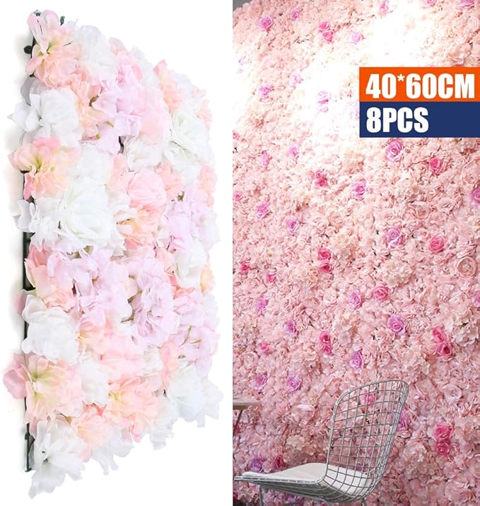 16"x 24" Artificial Flower Wall Panels,Flower Wall Mat Silk Flower Panels for Outdoor Garden Backyard Fence Fence Privacy Screen and Indoor Wall Decor(8Pcs Light Pink)