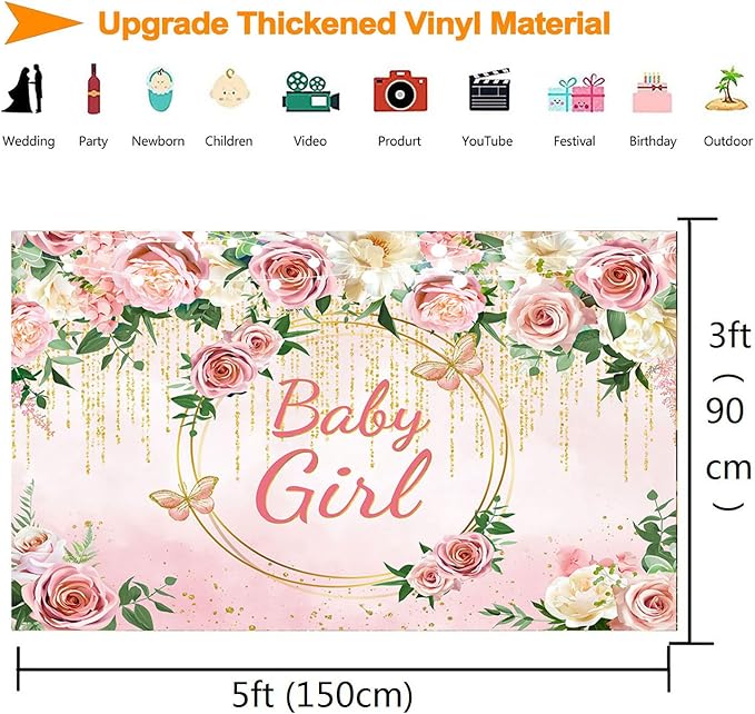 InMemory Pink Rose Baby Girl Baby Shower Backdrop Banner Decorations for Girl,Rose Gold Floral It's a Girl Banner Photography Background for Sweet Girls Baby Shower Party Decor Photo Booth Props 5x3ft