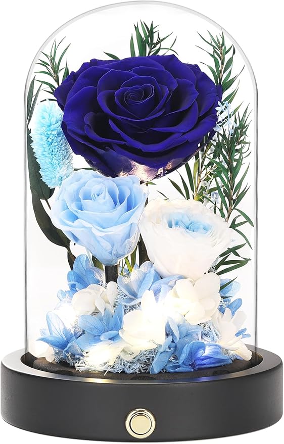 Eternal Roses, Preserved Flowers in Glass Dome, Long Lasting Roses Blue Forever Flowers for Delivery, Valentines Day Mothers Day Anniversary Birthday Gifts for Grandma Women Her Mom Girlfriend Wife