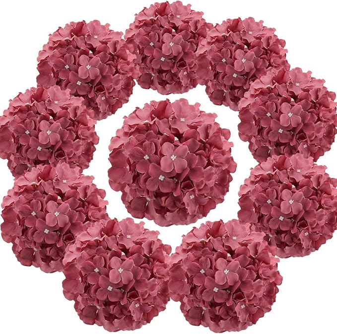 Flojery Silk Hydrangea Heads Artificial Flowers Heads with Stems for Home Wedding Decor,Pack of 10 (Mauve)