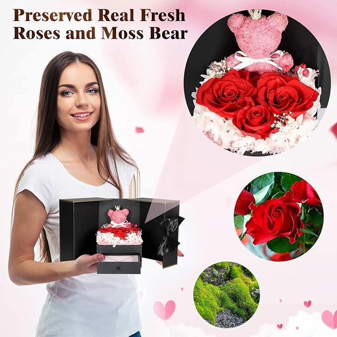 Cute Preserved Real Roses Bear Gift Box for Girlfriend with Initial Necklace B, Unique Birthday Gift for Mom, Her, Grandma, Anniversary Presents for Wife Women
