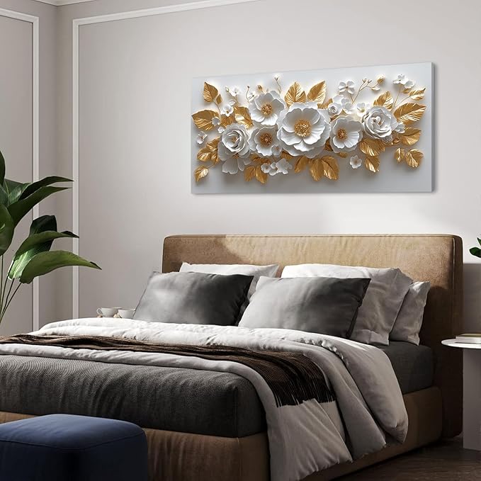 IDAFU Flower Wall Art White Foral and Golden Leaves Wall-décor White Wall Art Floral Painting Pictures for Living Room Bathroom Bedroom Kitchen Office Cuadros Decorativos Para Sala Decor 40L x 20W
