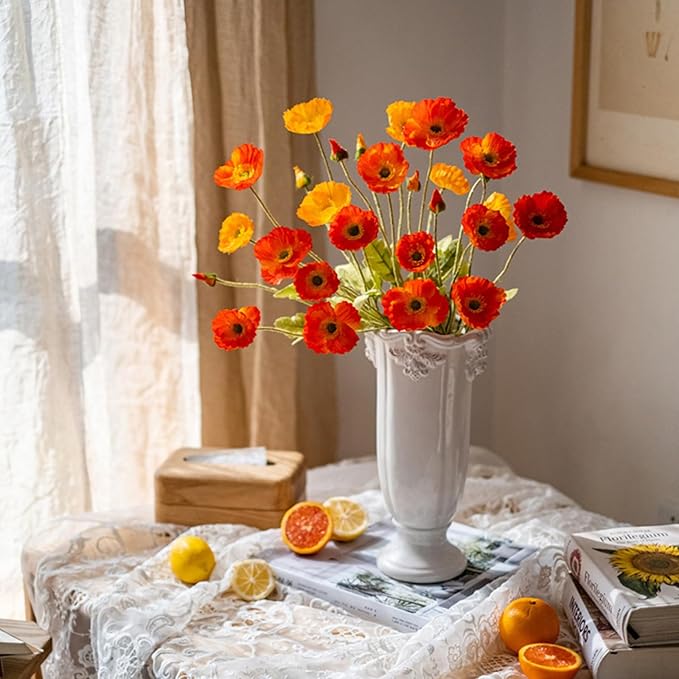 ASTRYAS Poppy Artificial Flowers, 8Pcs Silk Poppies Fake Faux Flowers for Decoration Silk Bouquet,for Wedding, Home, Party Decoration,Table Centerpiece Arrangement(Orange Red, 8pcs)