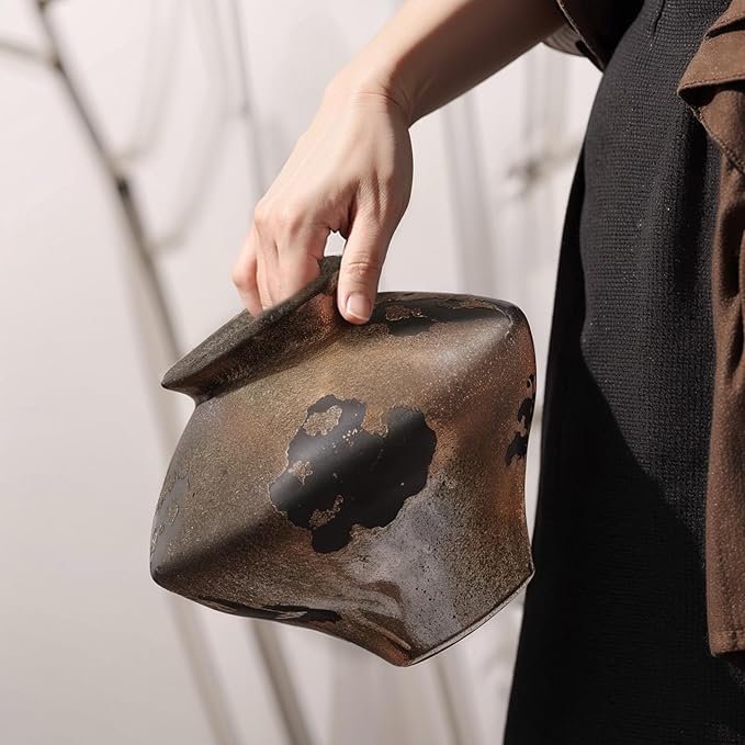 Rustic Ceramic Wabi Sabi Vase, 6.7''Vintage Brown Pottery Flower Jar with Wide Mouth, Handmade Distressed Clay Decor for Table Centerpiece, Farmhouse Shelf, Entryway or Mantel