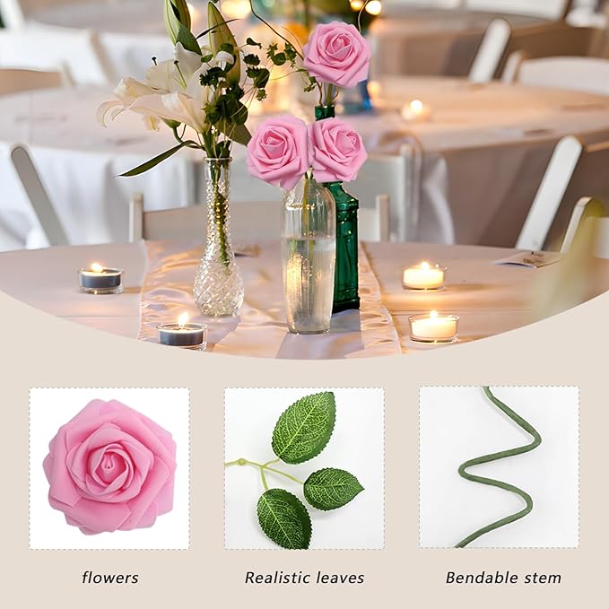 Artificial Flowers Roses Real Looking Foam Fake Roses with Leaves and for DIY Wedding Bouquets Bridal Shower Centerpieces Party Decorations (Dark Pink, 200)